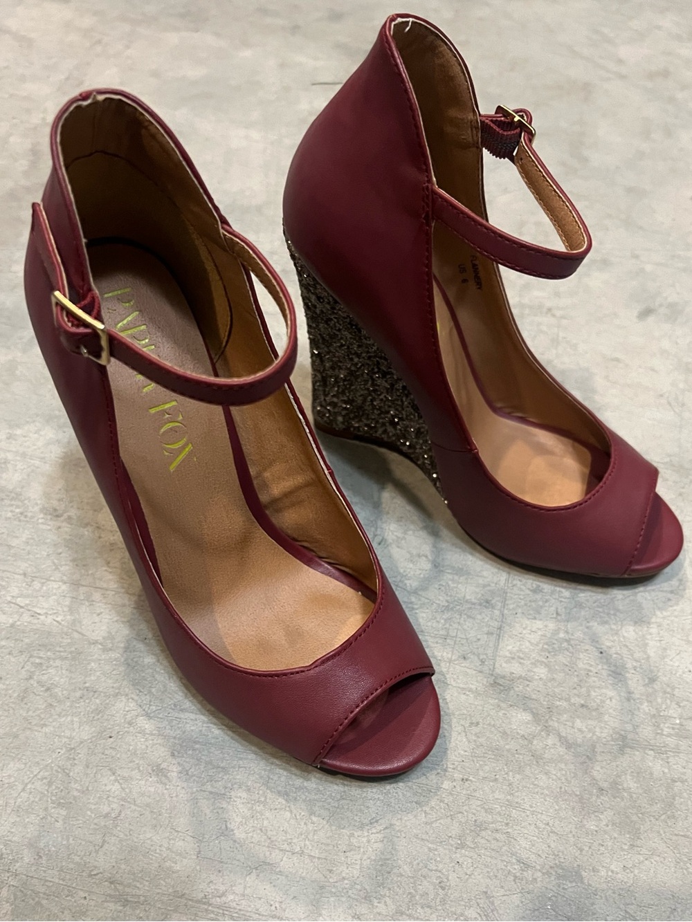 Paper Fox Burgundy Peep-Toe Ankle-Strap Wedge Heels